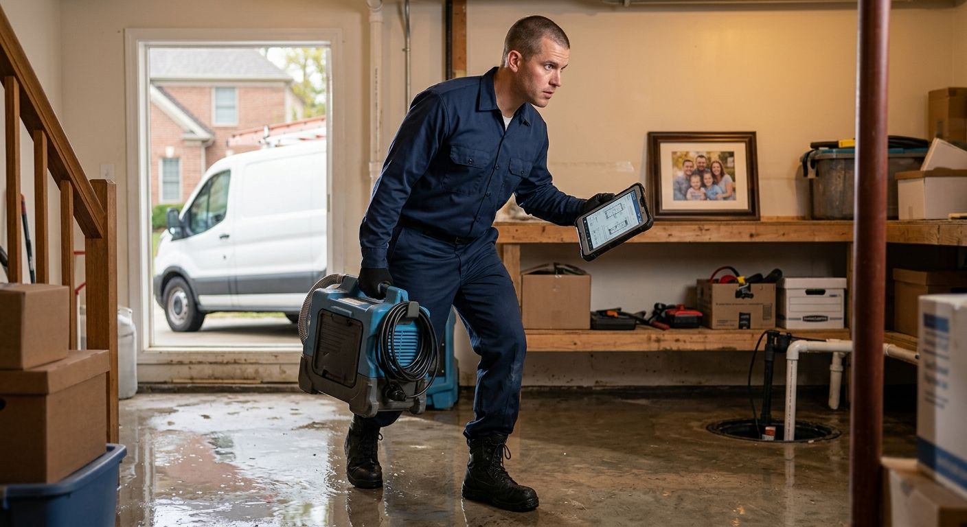 Professional photograph of a water damage restoration technician in a residential basement with standing water, carrying extraction unit and tablet, with work van visible outside.