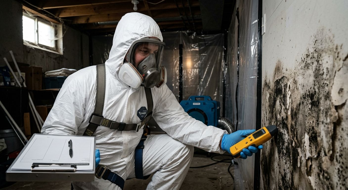 A certified technician in protective gear inspects water-damaged drywall in a Muldrow basement using a moisture meter, with a HEPA air scrubber and containment sheeting visible.