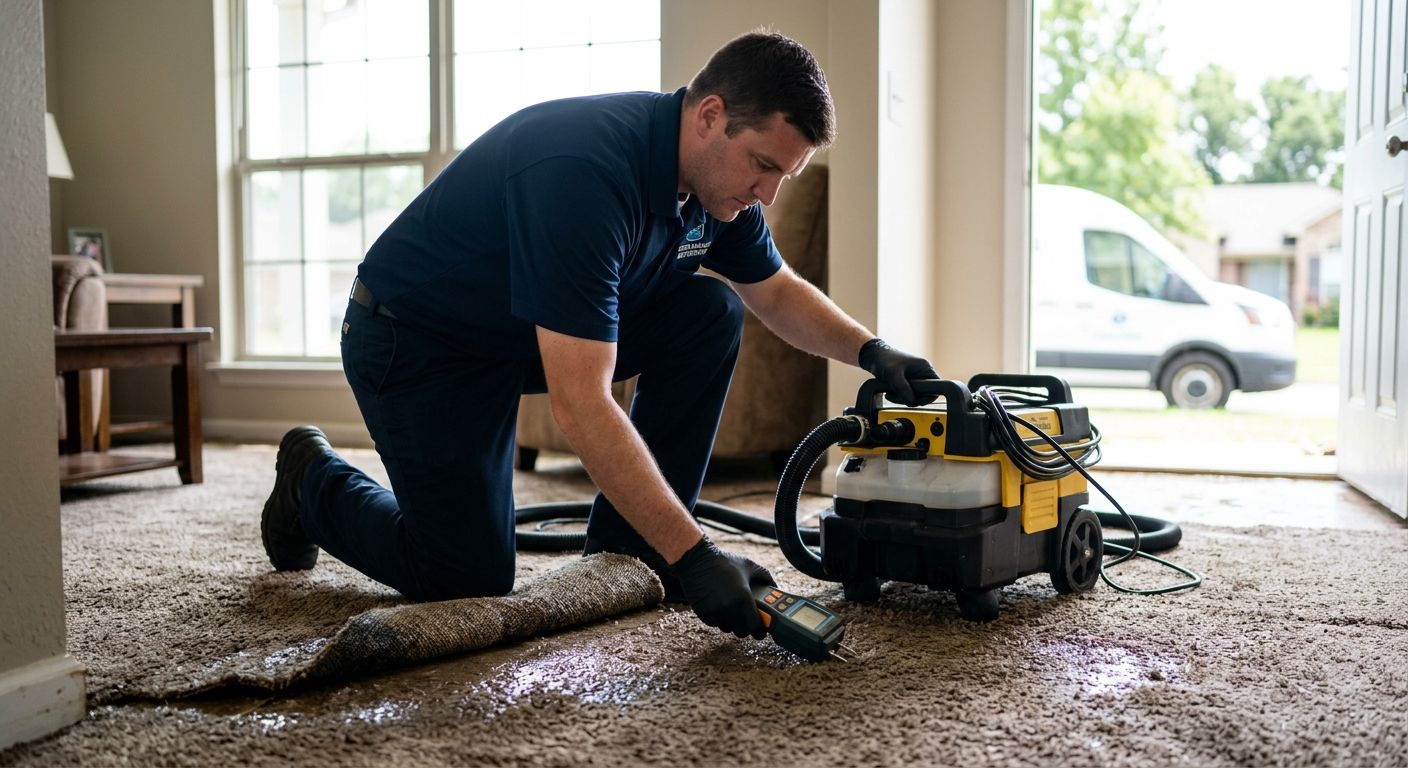 Water damage restoration technician inspecting water-logged flooring with moisture detection equipment in a Van Buren home