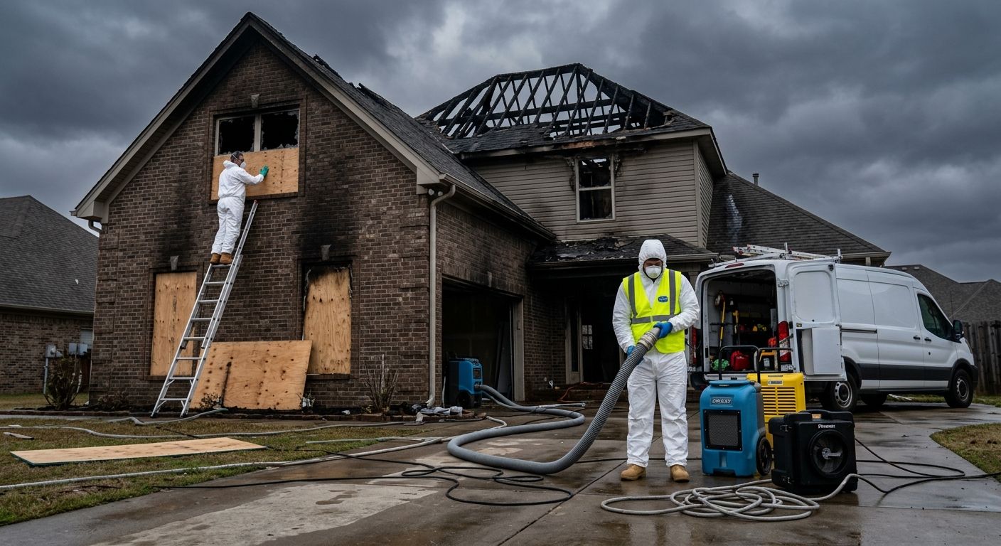 Restoration technicians in protective gear boarding up a fire-damaged home with smoke stains and equipment in the foreground