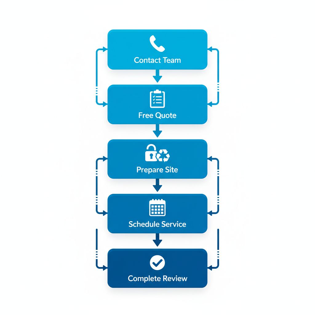 Vertical process flow diagram showing five steps to arrange construction cleanup in Pocola: contact, quote, preparation, scheduling, and completion.