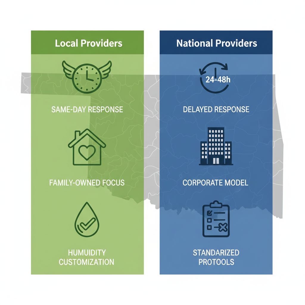 Infographic comparing local and national cleaning services in Heavener with icons for response time, ownership model, and protocols.