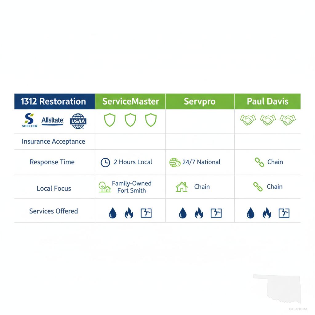 Infographic comparing property restoration providers in Wister, Oklahoma, highlighting insurance, response time, local focus, and services.