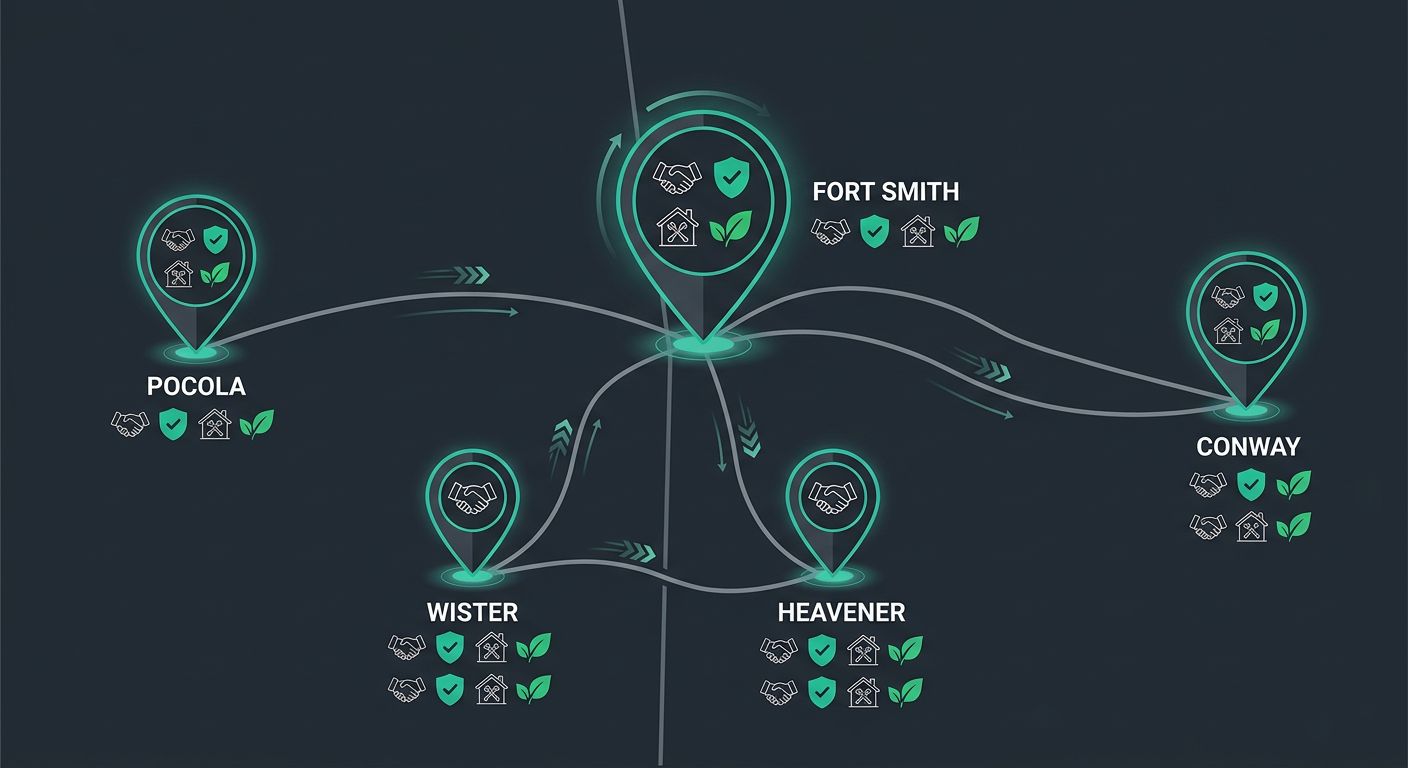 Map infographic showing 1312 Restoration's service coverage across Fort Smith, AR, Wister, Heavener, Pocola, and Conway with icons for local expertise and quick response