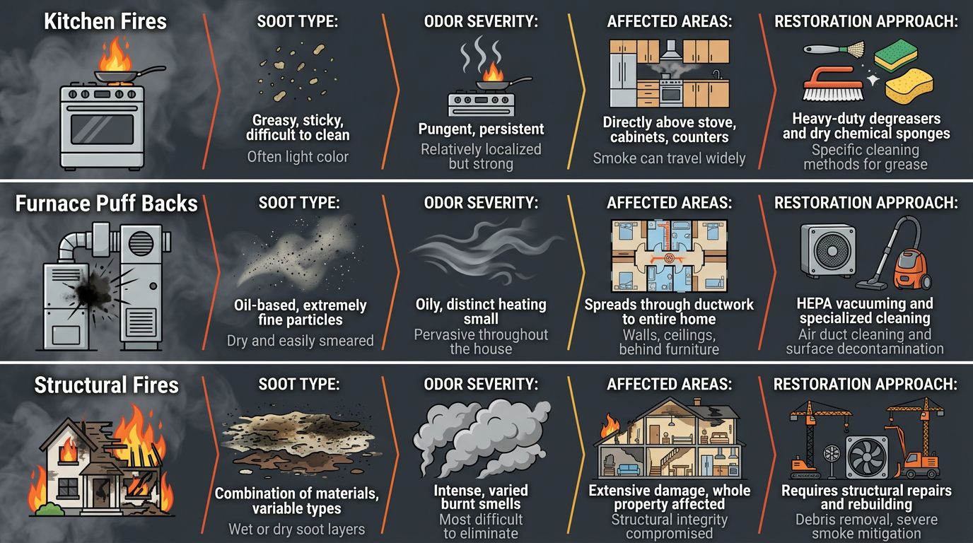 Infographic comparing three smoke damage scenarios in Poteau homes with color-coded panels showing soot type, odor severity, affected areas, and restoration approach for kitchen fires, furnace puff backs, and structural fires.