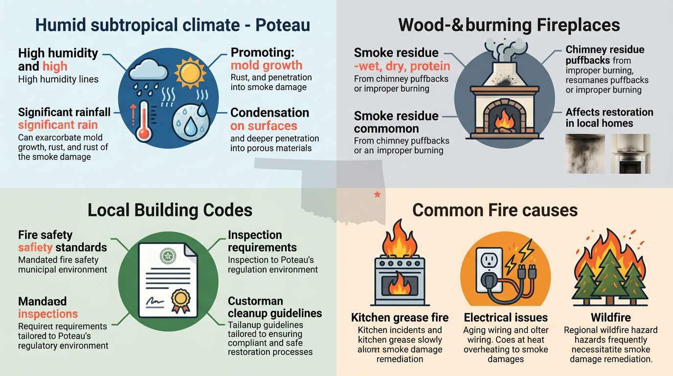 Infographic showing four factors for smoke damage cleanup in Poteau, Oklahoma: humid climate, wood-burning fireplaces, local building codes, and common fire causes