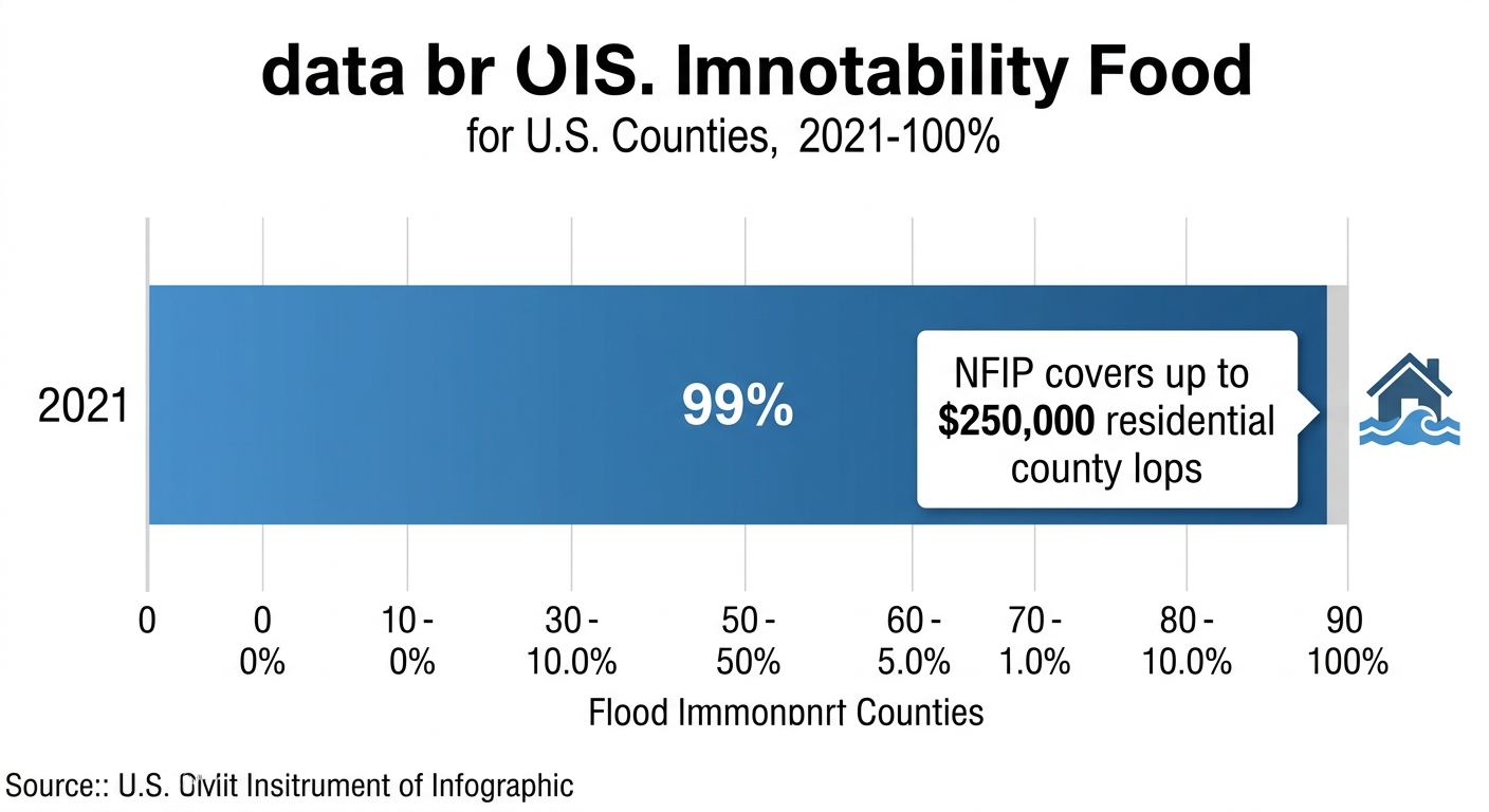 Bar chart showing 99% of US counties experienced a flood event from 2003 to 2023, with a callout for NFIP insurance coverage up to $250,000