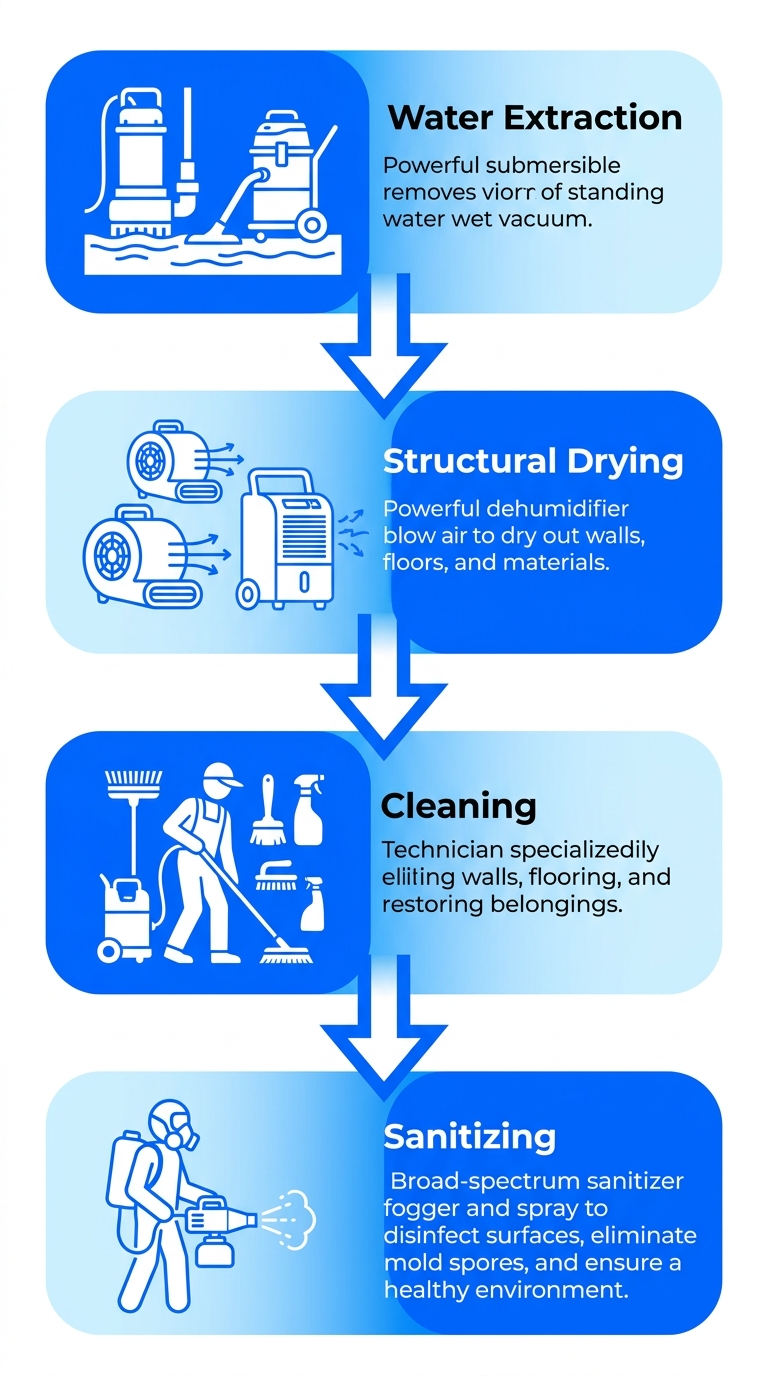 Vertical process flow diagram of water damage restoration in four stages: water extraction, structural drying, cleaning, and final restoration.