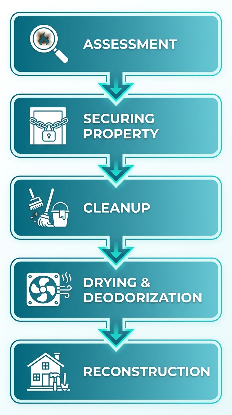 Vertical process flow diagram showing five stages of fire damage restoration: Assessment, Securing Property, Cleanup, Drying & Deodorization, Reconstruction, with white icons and connecting arrows.
