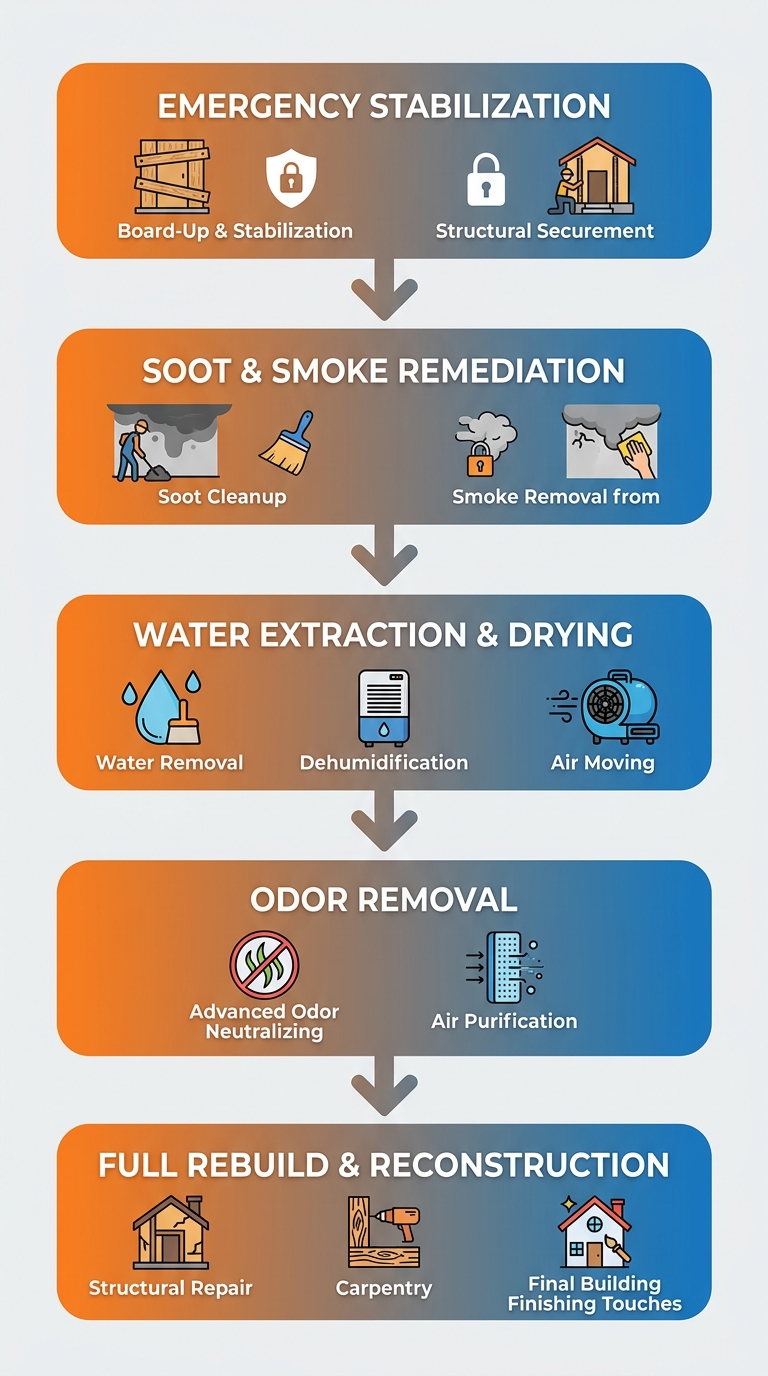 Five-stage vertical process flow diagram for fire damage restoration, with icons and labels for stabilization, soot removal, water extraction, odor removal, and reconstruction.