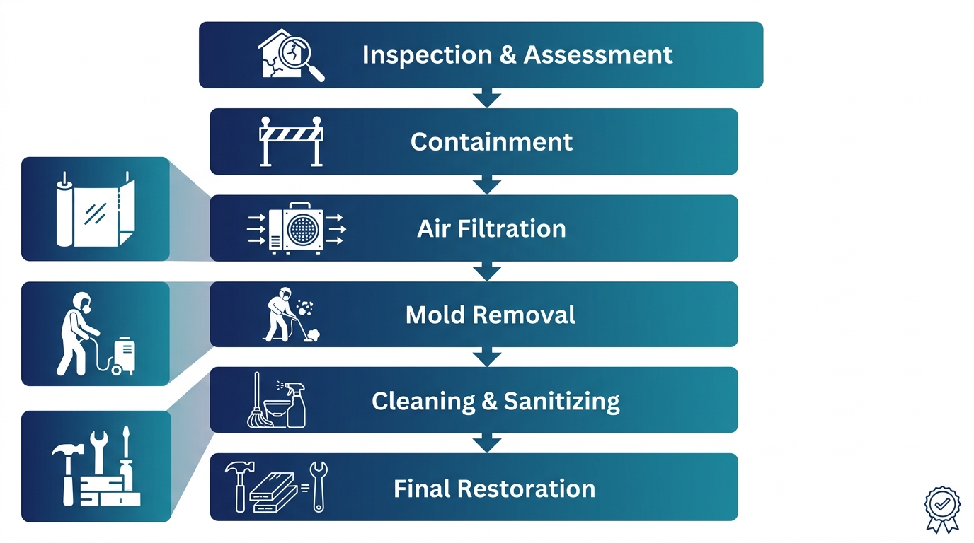 Six-stage mold remediation process flow diagram with navy and teal gradient boxes connected by downward arrows