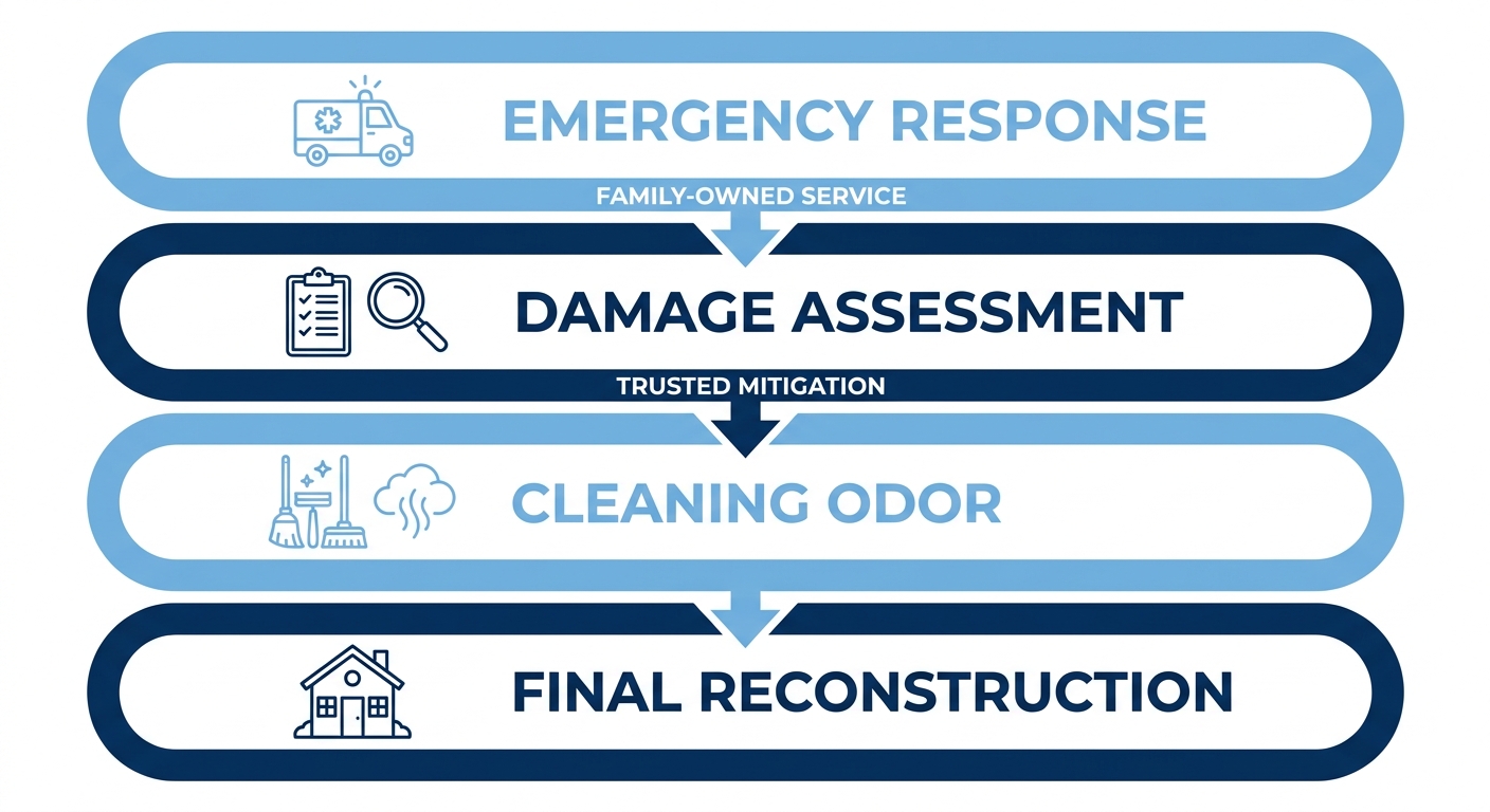 Four-stage vertical restoration process flow: emergency response and board-up, damage assessment and mitigation, cleaning and odor removal, final reconstruction stage with icons and downward arrows.