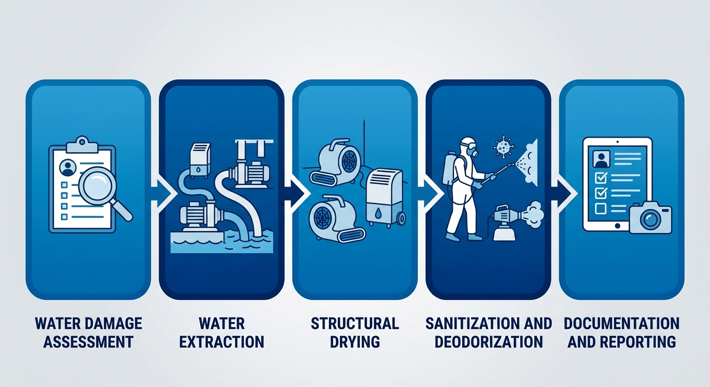 Water damage restoration process flow diagram showing five stages from initial assessment to final documentation