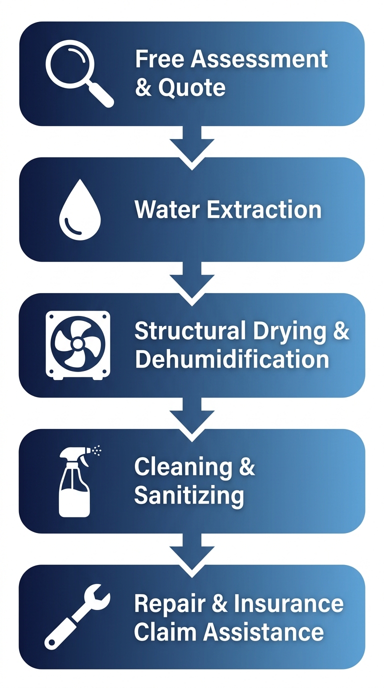 Process flow diagram of water damage restoration by 1312 Restoration, showing five steps: assessment, extraction, drying, cleaning, repair.