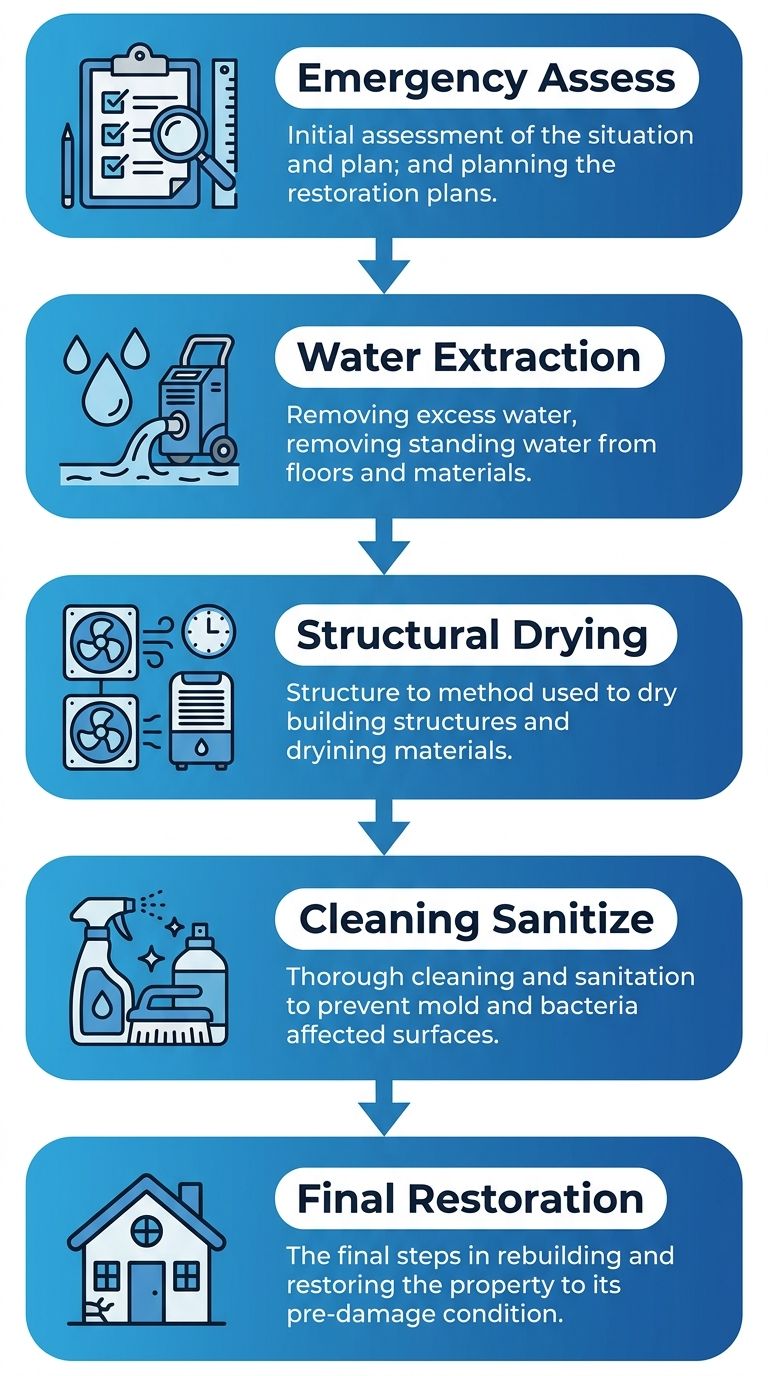 Vertical process flow diagram of water damage restoration with five stages: Emergency Assessment, Water Extraction, Structural Drying, Cleaning and Sanitization, and Final Restoration, each with icons and downward arrows